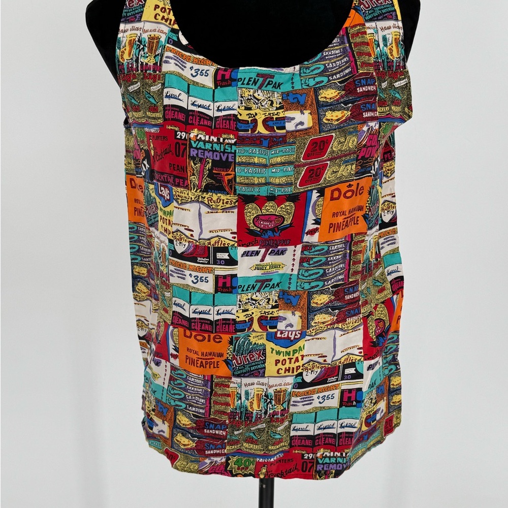 VTG Anne Pinkerton Glory Silk Sleeveless Blouse Grocery Label Patchwork Small H6